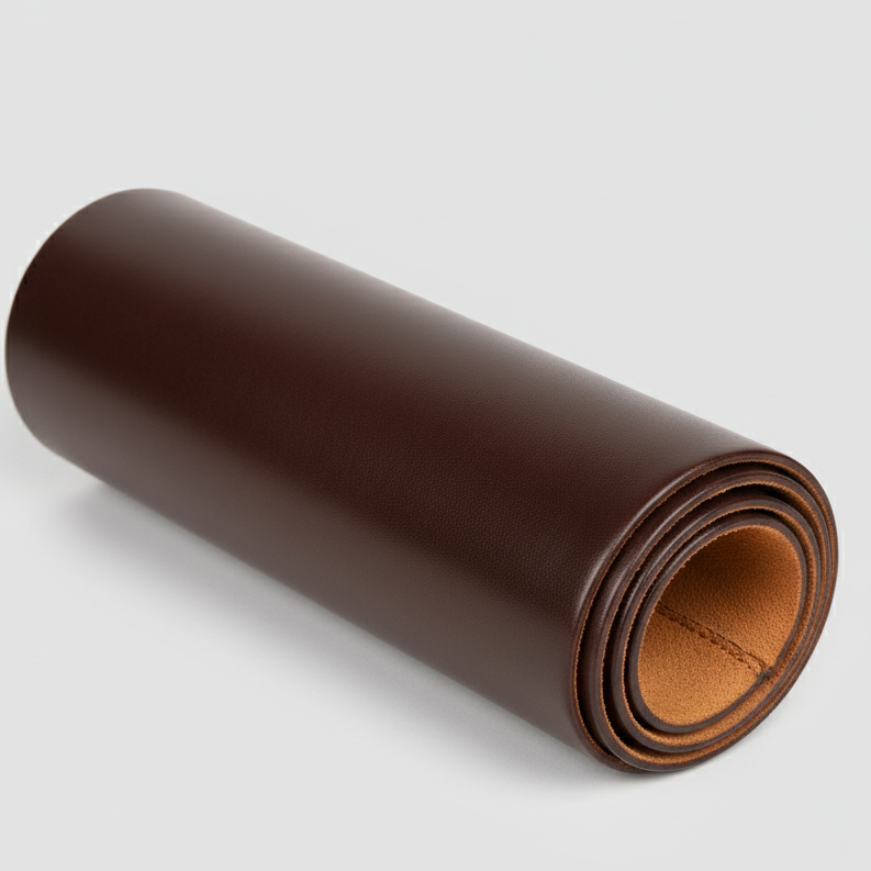 Rolled brown leather sheet on a light gray background