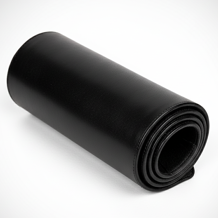 Rolled-up black mat on a white background